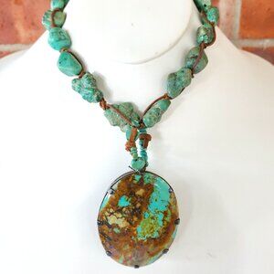 Rustic Turquoise Nugget Necklace With Large Oval Stone Pendant & Leather Cord